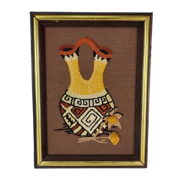 Vintage 70s Southwestern Native American Framed Crewel Embroidery Wall Hangings - Picture 6 of 8